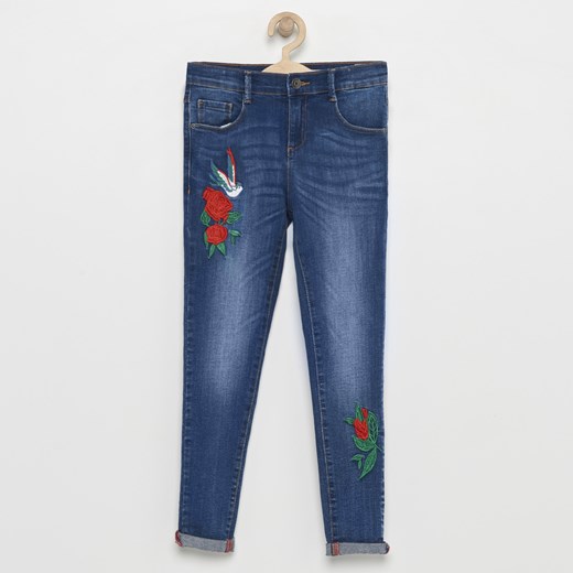 Reserved - Przecierane jeansy z kwiatowym haftem - Granatowy