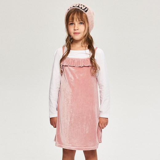 Reserved - Welurowa sukienka z falbanką - Różowy