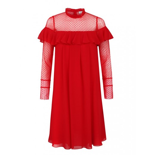 Sukienka czerwona z siateczkowym dekoltem i falbanami L'AF MUZA