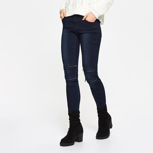 Cropp - Jeansowe spodnie z zamkami - Granatowy Cropp czarny 40 