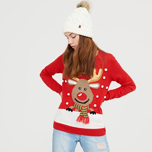 Cropp - Świąteczny sweter z aplikacją - Czerwony Cropp pomaranczowy M 