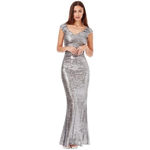 Długa srebrna cekinowa sukienka na sylwestra z pięknym dekoltem szary  S stylovesukienki