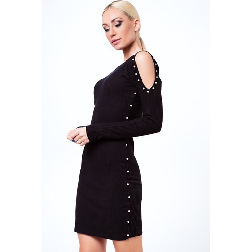 Sukienka z perełkami z prążkowanego materiału czarna 6647