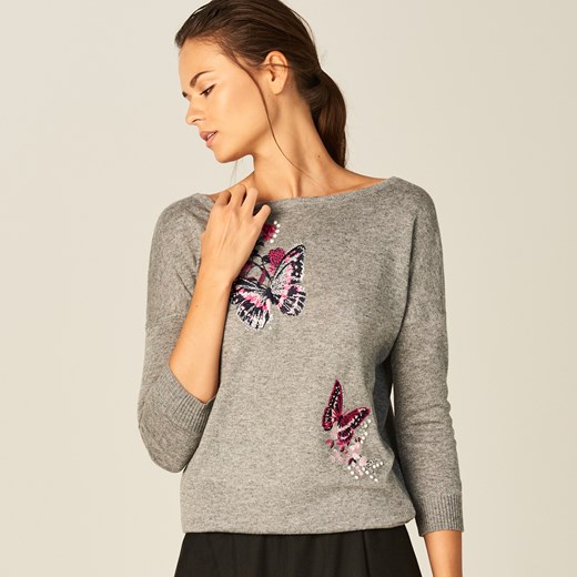 Mohito - Miękki sweter z haftowaną aplikacją - Szary