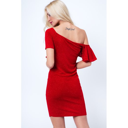 Sukienka z falbana na jedno ramię czerwona 6651 fasardi  XL fasardi.com
