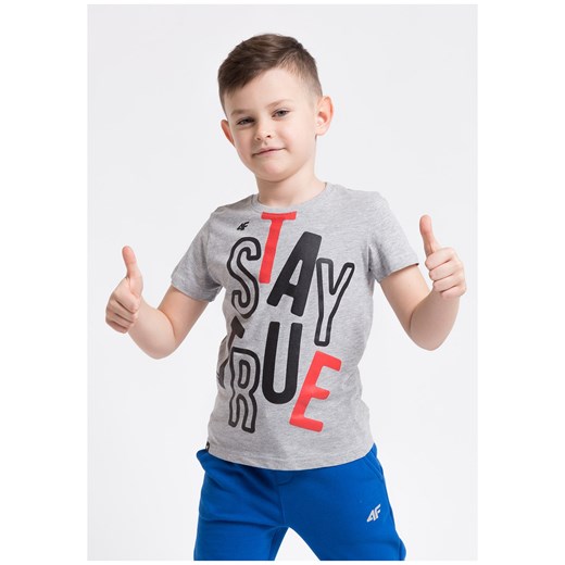 T-shirt dla małych chłopców  JTSM102 - jasny szary melanż 4f Junior bezowy  4F