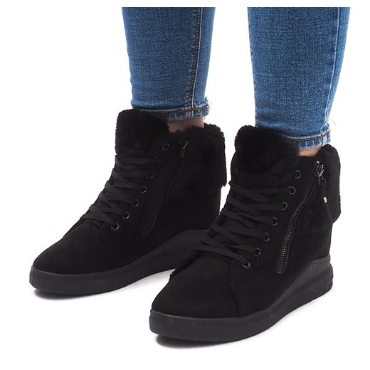 Sneakersy damskie czarne młodzieżowe wiązane na koturnie 