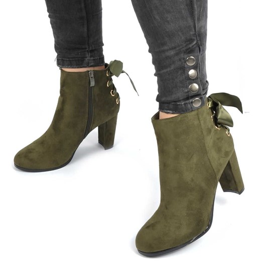 Zielone botki damskie z kokardami /E1-1 1289 S228/ zielony Abloom 37 pantofelek24.pl