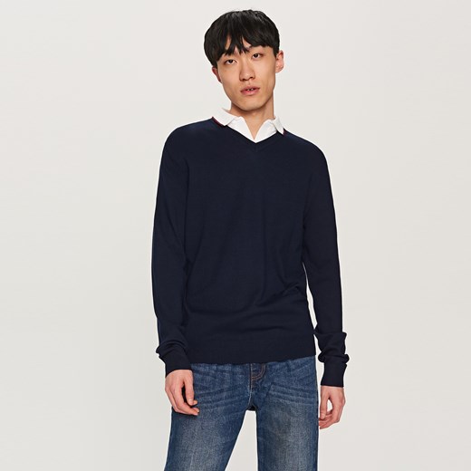 Reserved - Sweter z dekoltem v-neck - Granatowy czarny Reserved XL 