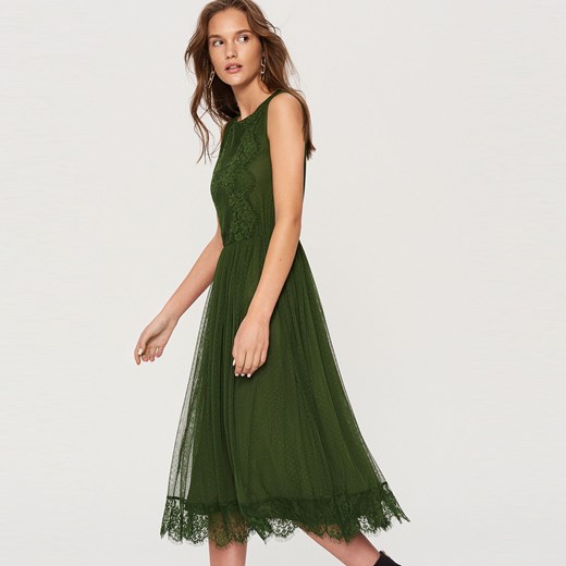 Reserved - Sukienka midi z tkaniny plumeti - Khaki Reserved zielony L 