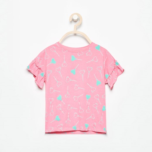 Reserved - T-shirt z falbankami przy rękawach - Różowy Reserved rozowy 116 