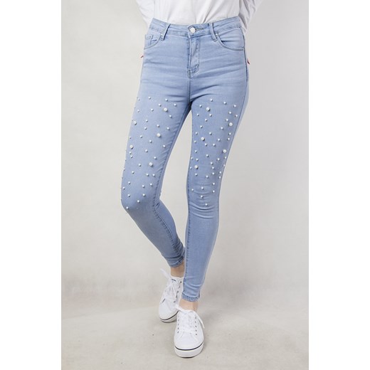 Jasne spodnie jeansowe z koralikami oraz cyrkoniami  niebieski XL olika.com.pl