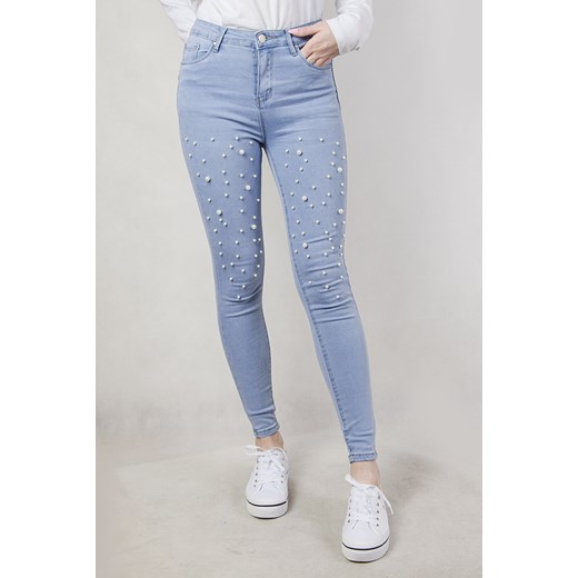 Jasne spodnie jeansowe z koralikami oraz cyrkoniami  niebieski M olika.com.pl