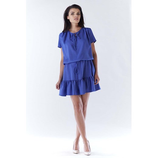 Niebieska Mini Sukienka w Stylu Boho z Krótkim Rękawem Molly.pl niebieski L-XL okazja