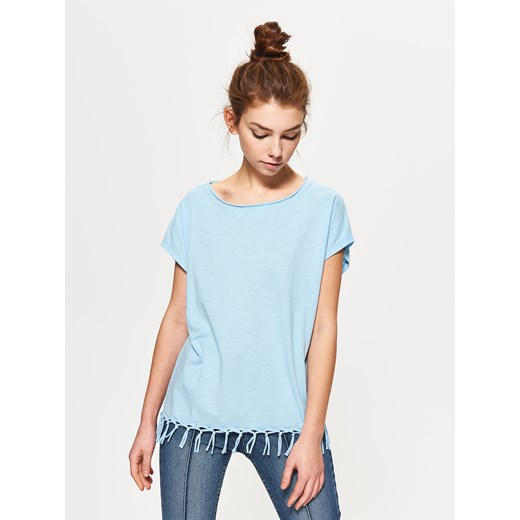 Cropp - Gładka koszulka z frędzlami - Niebieski niebieski Cropp XL 