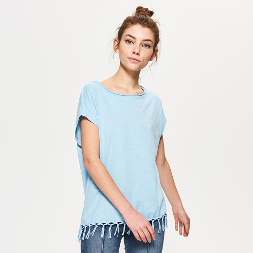 Cropp - Gładka koszulka z frędzlami - Niebieski niebieski Cropp XS 