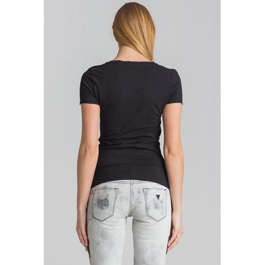 Czarny t-shirt damski z nadrukiem i głębokim dekoltem Guess  XS Velpa.pl