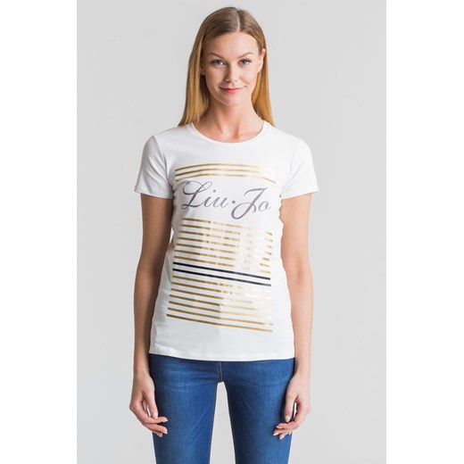 Biały t-shirt ze złoto-czarnym nadrukiem Liu Jo XS Velpa.pl