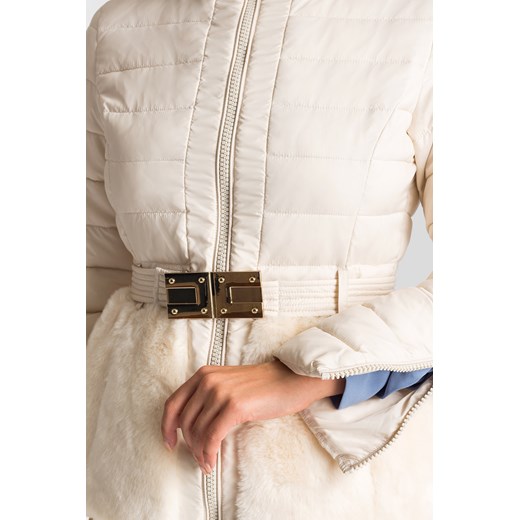 Kremowa pikowana kurtka damska z futrzaną baskinką  Elisabetta Franchi 44 Velpa.pl