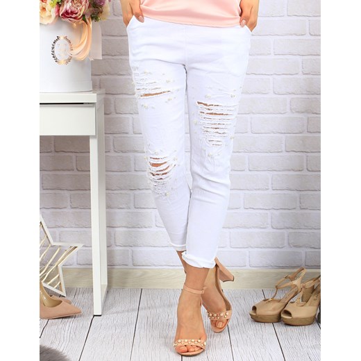 Spodnie Glamour z dziurami i perełkami białe (uy0076) fioletowy Dstreet uniwersalny DSTREET_WOMEN