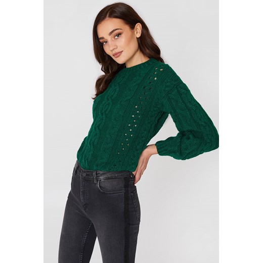 Ażurowy sweter z warkoczowym splotem zielony Mango Small NA-KD