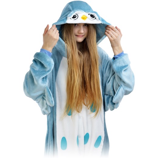 Piżama kigurumi jednoczęściowe przebranie kostium z kapturem – sowa  niebieski S world-style.pl