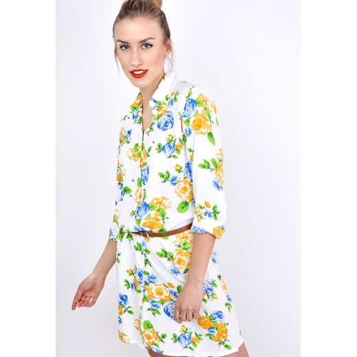 Sukienka koszulowa w niebiesko-zółte kwiaty z paskiem bezowy Zoio L zoio.pl wyprzedaż 