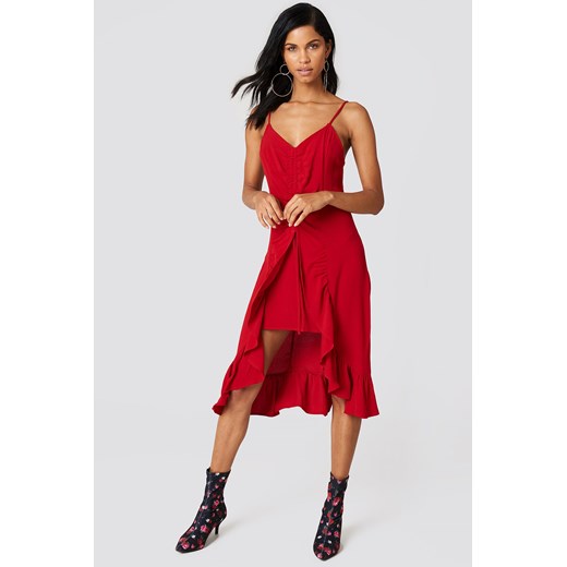 Sukienka NA-KD Boho tkaninowa czerwona na ramiączkach asymetryczna w stylu w serek 