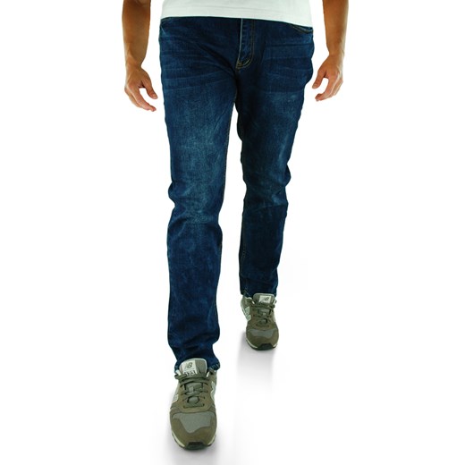 Jeansy męskie z rozjaśnieniami w kolorze niebieskim LW818