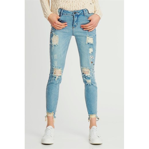 Spodnie jeansowe damskie z kryształkami i dziurami Sublevel  Rock Angel XS cityruler2018 okazja 