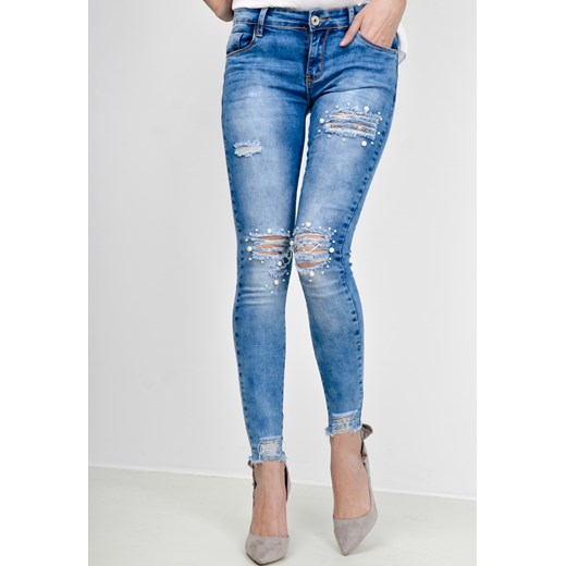 Spodnie jeans jasne rurki z rozdarciami i perełkami niebieski Zoio S wyprzedaż zoio.pl