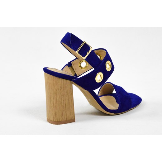 MargoShoes szafirowe niebieskie sandałki buty letnie z ozdobnymi oczkami w kolorze złotym na drewnianym słupku skóra naturalna Margoshoes zielony 41