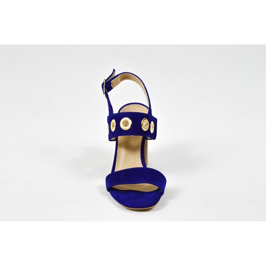 MargoShoes szafirowe niebieskie sandałki buty letnie z ozdobnymi oczkami w kolorze złotym na drewnianym słupku skóra naturalna Margoshoes  35 