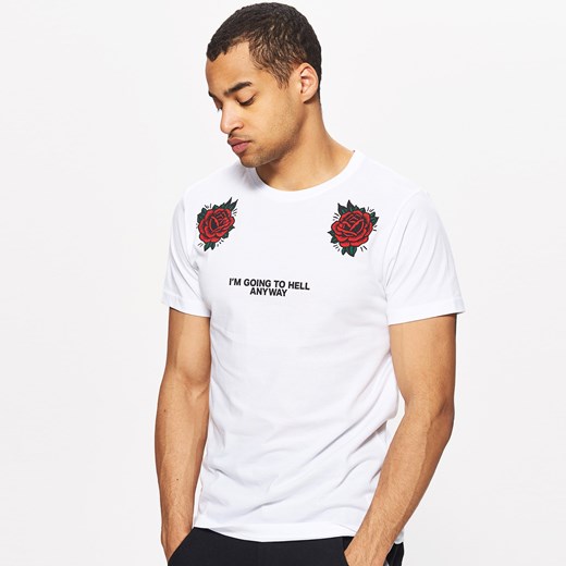 Cropp - Koszulka z motywem róży i napisem - Biały Cropp  L 