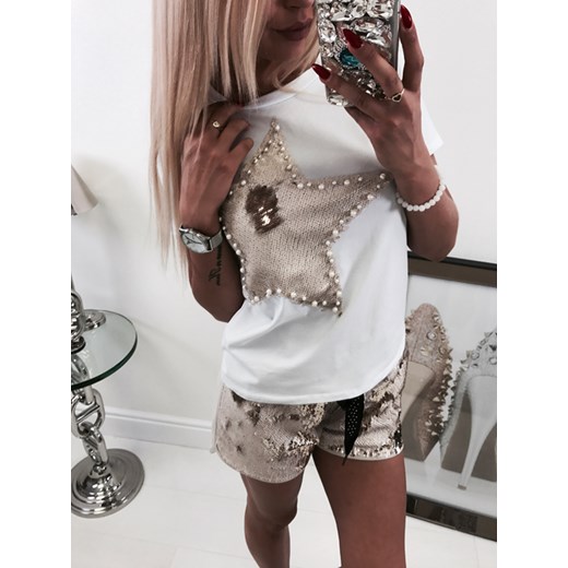UNIQUE STYLE WIOSENNY HIT KOMPLET BLUZA + SPODENKI + CEKINY BEŻ uniwersalny 4friko.pl