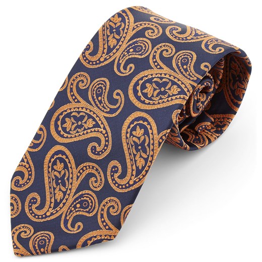 Szeroki granatowo-pomarańczowy krawat z poliestru we wzór paisley