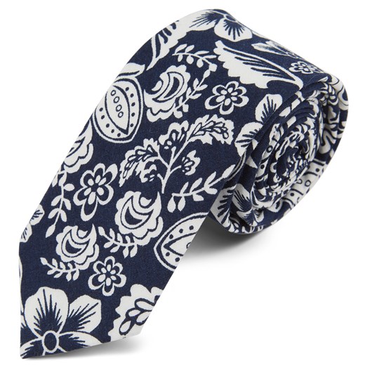 Niebiesko-biały krawat z kwiecistym wzorem retro