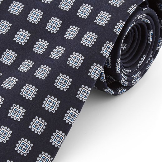 Szeroki granatowy krawat z jedwabiu w geometryczne wzory