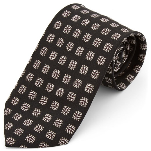 Szeroki czarny krawat z jedwabiu w geometryczne wzory