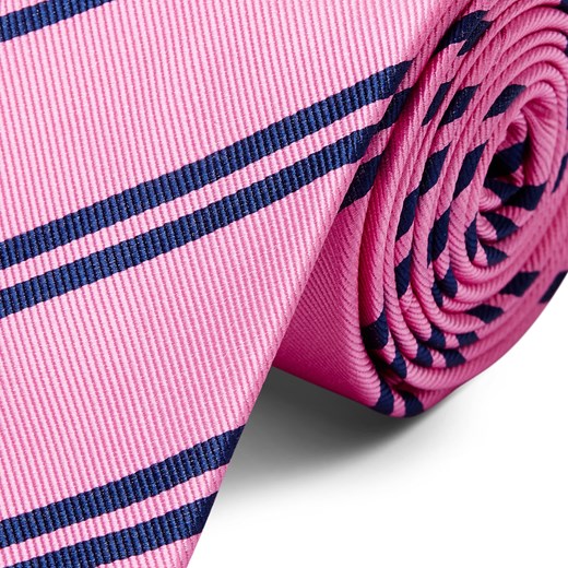 Różowy krawat jedwabny w podwójne ciemnogranatowe paski 6 cm