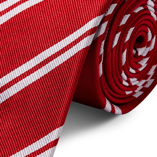 Czerwony krawat jedwabny w podwójne białe paski 6 cm