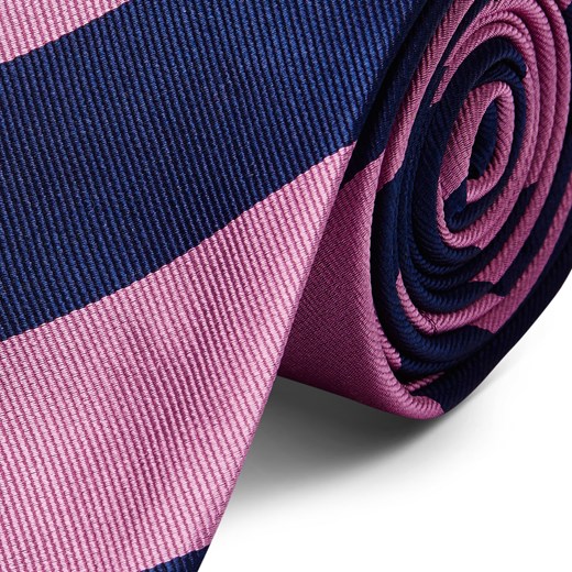 Różowo-ciemnogranatowy krawat jedwabny w paski 6 cm