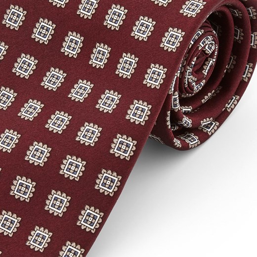 Szeroki burgundowy krawat z jedwabiu w geometryczne wzory