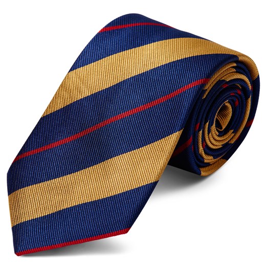 Ciemnogranatowy krawat jedwabny w złoto-czerwone paski 8 cm