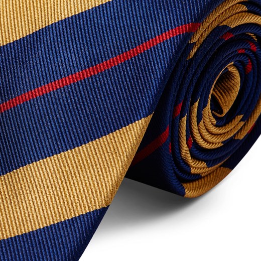 Ciemnogranatowy krawat jedwabny w złoto-czerwone paski 8 cm