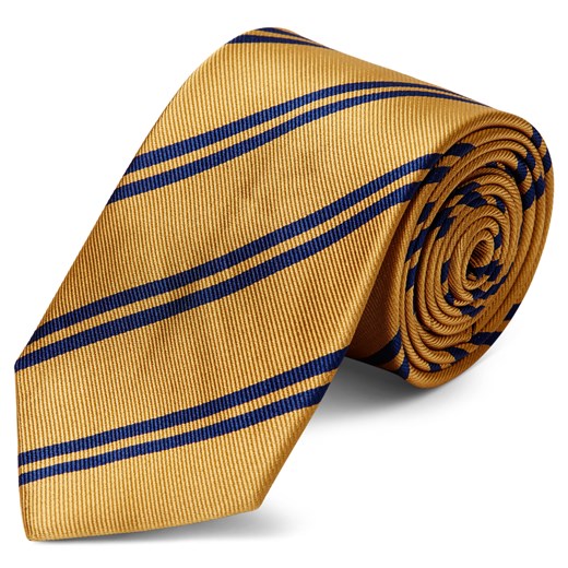 Złoty krawat jedwabny w podwójne ciemnogranatowe paski 8 cm