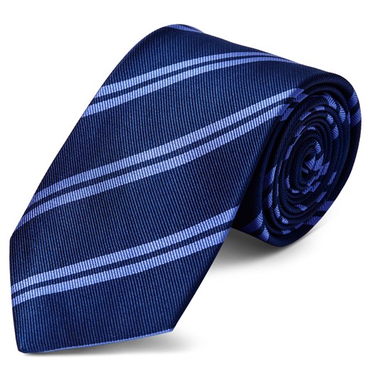 Ciemnogranatowy krawat jedwabny w podwójne pastelowe niebieskie paski 8 cm
