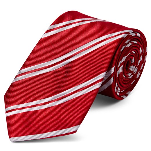 Czerwony krawat jedwabny w podwójne białe paski 8 cm