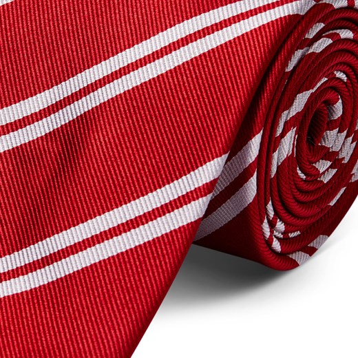 Czerwony krawat jedwabny w podwójne białe paski 8 cm