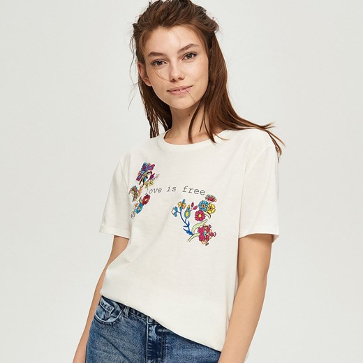 Sinsay - T-shirt z kwiatowym motywem - Kremowy  Sinsay S 